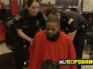 Barbershop gets steamed up once milf cops make suspect screw them